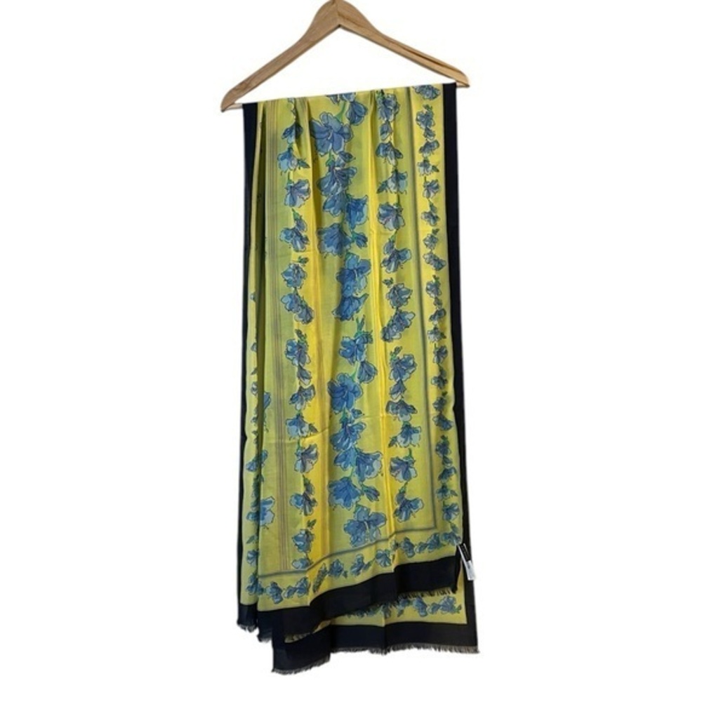 TALBOTS Large Bordered Floral Scarf, yellow with blue geraniums? & tan stripes